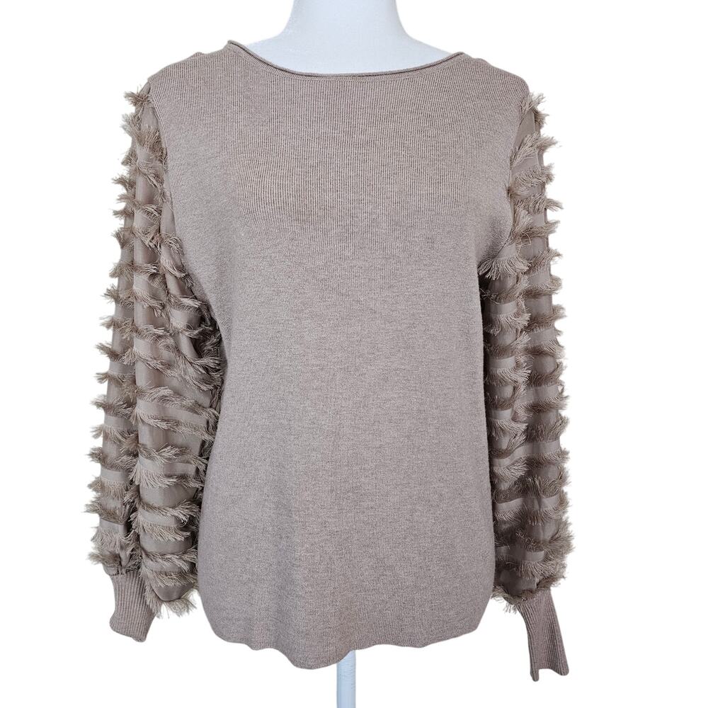Sioni S Fringe Sleeve Sweater Tan Knit Pullover Rayon Blend Boho Cozy